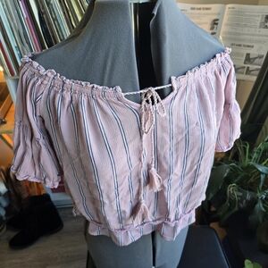 American Eagle Outfitters Pink Striped Off-Shoulder Tie-Front Top